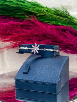 Livora Jewelry 925 Ayar Gümüş Pembe Kuvars Taşlı Lotus Zarif Özel Tasarım Kadın Bileklik
