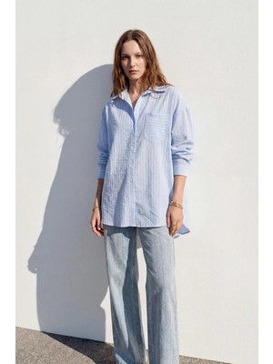 Kado Moda Çizgili Cepli Oversize Kadın Gömlek