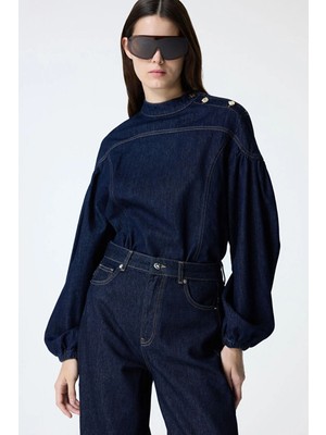 adL Omuzu Düğmeli Denim Bluz Lacivert 11547388000