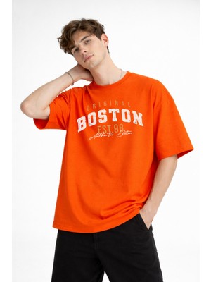 Ceki Home Boston - Baskılı Oversize Tişört Turuncu