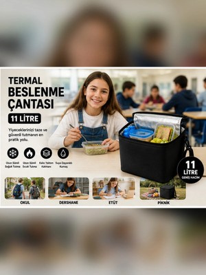 11 Litre Termal Beslenme Çantası Isı Yalıtımlı Sıcak Soğuk Tutucu Termos Yemek Taşıma Okul Piknik Kamp Çantası-Siyah