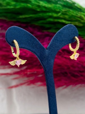 Livora Jewelry 925 Ayar Gümüş Gold Kaplama Pembe Kuvars Taşlı Melek Kanadı Kalp Lüks Kadın Küpe