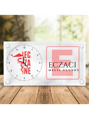 Hediye Vakti Eczacılara Özel Isim Yazılı Cam Saat - Logolu Eczane Masası Saati