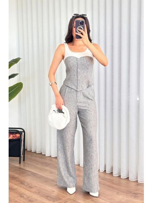 Afili Butik Keten Görünümlü Düğmeli Büstiyer ve Bol Paça Pantolon Ikili Takım