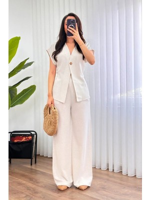 Afili Butik Keten Karışımlı Düğmeli Yelek ve Bol Paça Pantolon Ikili Takım