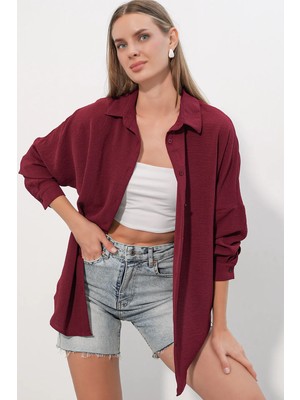 Hiccup Kadınlar BDART Kadın Oversize Uzun Gömlek Bordo Kırmızı