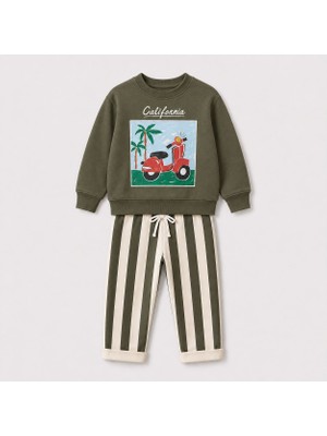 Yiğit Butik Erkek Çocuk Scooter Baskılı Sweatshirt Çizgili Pantolon Alt Üst Takım