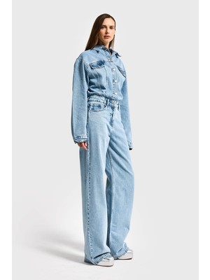 It's Basic Kadın Kot Rengi 3s6-3 Straight Fit %100 Koton Denim Tulum