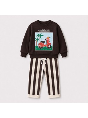 Yiğit Butik Erkek Çocuk Scooter Baskılı Sweatshirt Çizgili Pantolon Alt Üst Takım