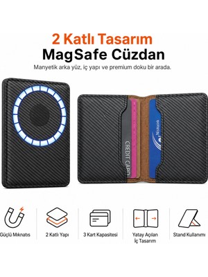 Ayers Premium Karbon Dokulu 2 Katlı Magsafe Manyetik Erkek Cüzdan Standlı Kartlık, iPhone 12 / 13 / 14 / 15 / 16 / 17 Serisi Uyumlu, Güçlü Mıknatıslı Ince Telefon Cüzdanı