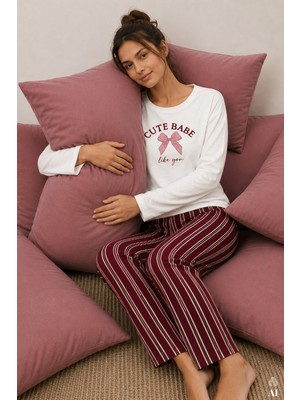 Koza İç Giyim Kadın Pamuklu Çizgili Desenli Baskılı Uzun Kollu Pijama Takımı