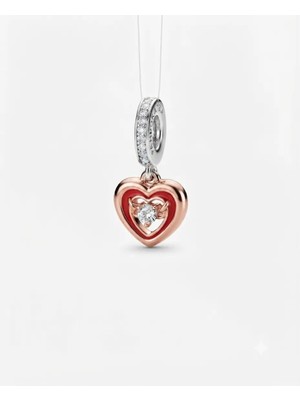 Kadın Rose Kalp ve Tektaş Detay Sallantılı Gümüş Charm