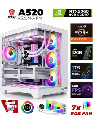 Xaser Sword X60 AMD R7 5700X/MSI A520M-A/8GB RTX5060/ 32GB RAM /1TB M.2 SSD/Sıvı Soğutmalı Masaüstü Oyuncu Bilgisayarı