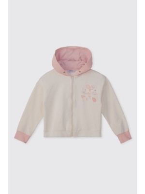 Panço Kız Çocuk Kapüşonlu Fermuarlı Baskılı Ekru Sweatshirt