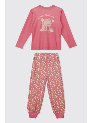 Panço Kız Çocuk Bisiklet Yaka Desenli Pembe Pijama Takımı