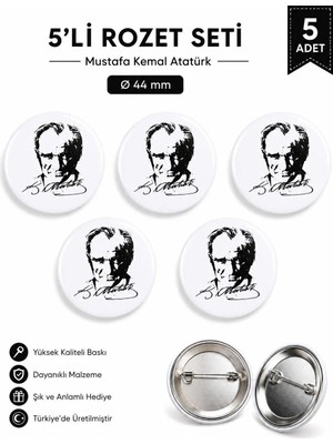 Mustafa Kemal Atatürk Rozet Seti Ceket-Çanta-Kalemlik-Şapka-Aksesuar Rozeti  (44MM) 5 Adet