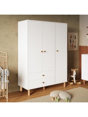 Bimossa KG3040 Bunny Beyaz 120 Cm, 3 Kapaklı Gardırop, 2 Çekmeceli Yüksek Ayaklı Çocuk Odası Gardırobu