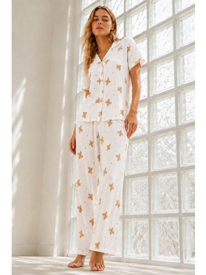 Fit Women Kadın Genç Loose Ipliği Boyalı Kırık Beyaz Pijama Takımı