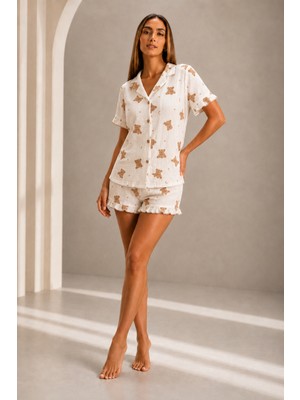 Fit Women Kadın Günlük Düğmeli V Yaka Kar Beyaz Pijama Takımı