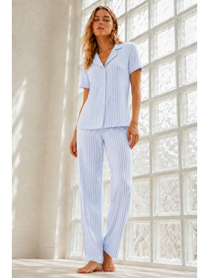 Fit Women Kadın Genç Loose Ipliği Boyalı Mavi Pijama Takımı