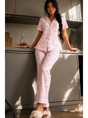 Fit Women Kadın Zarif Yaka Dokulu Ferah Pembe Pijama Takımı