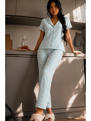 Fit Women Kadın Zarif Yaka Dokulu Ferah Su Yeşili Pijama Takımı