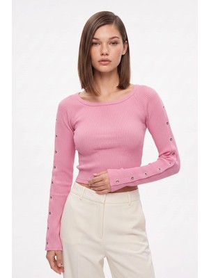 Cemo Madonna Yaka Kolları Metal Zımba Detaylı Ribana Crop Bluz