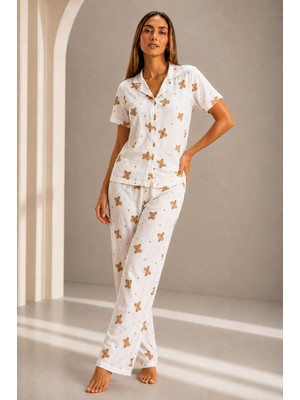 Fit Women Kadın Kısa Kol Rahat Kalıp Şık Kırık Beyaz Pijama Takımı