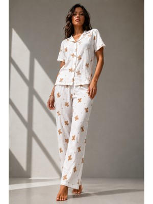 Fit Women Kadın Klasik Doğal Düğme Gece Kırık Beyaz Pijama Takımı