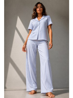 Fit Women Kadın Klasik Doğal Düğme Gece Mavi Pijama Takımı