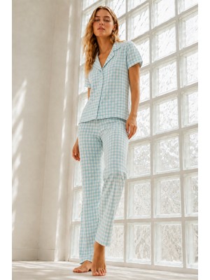 Fit Women Kadın Genç Loose Ipliği Boyalı Su Yeşili Pijama Takımı