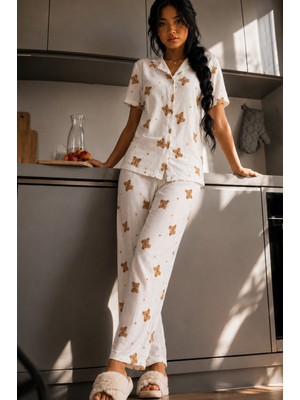 Fit Women Kadın Zarif Yaka Dokulu Ferah Kırık Beyaz Pijama Takımı