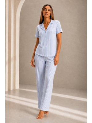 Fit Women Kadın Kısa Kol Rahat Kalıp Şık Mavi Pijama Takımı