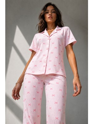Fit Women Kadın Klasik Doğal Düğme Gece Pembe Pijama Takımı