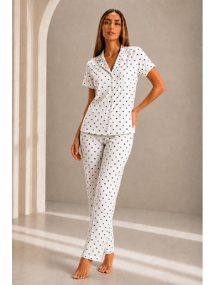 Fit Women Kadın Kısa Kol Rahat Kalıp Şık Kar Beyaz Pijama Takımı