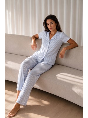 Fit Women Kadın Loose Uzun Paça Pamuk Mavi Pijama Takımı