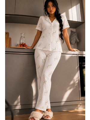 Fit Women Kadın Zarif Yaka Dokulu Ferah Çok Renkli Pijama Takımı