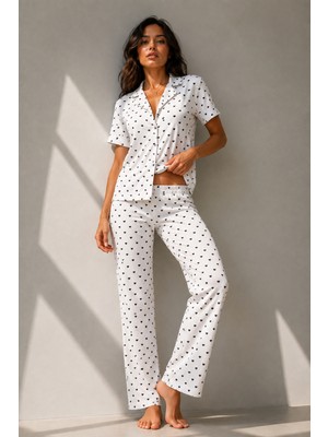 Fit Women Kadın Klasik Doğal Düğme Gece Kar Beyaz Pijama Takımı
