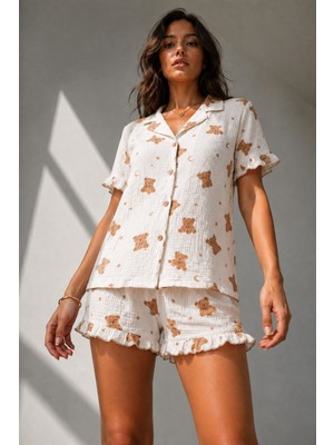 Fit Women Kadın Süprem Gömlek Şort Düğme Kar Beyaz Pijama Takımı
