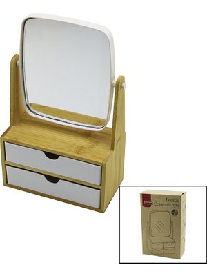 2 Çekmeceli Bambu Ahşap STANDLI=9X9.9X17.8X21.5CM Makyaj AYNASI=15X18CM Takılık 1+1 Organizer