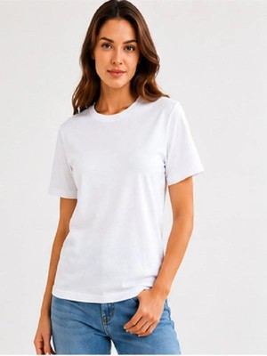 ALDAIYR Kadın %100 Organik Pamuklu Kalın Dokulu Regular Fit Yuvarlak Yakalı Kırık Beyaz T-Shirt