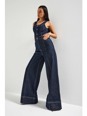 It's Basic Kadın Indigo Renk 7s6-50 Palazzo Fit %100 Koton Denim Slopet Tulum