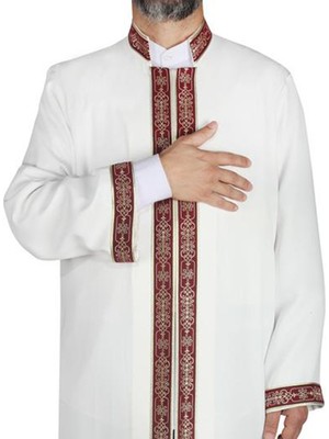Yaser Giyim Hakim Yaka Cübbe - Beyaz (Kemik) - Bordo Bordür
