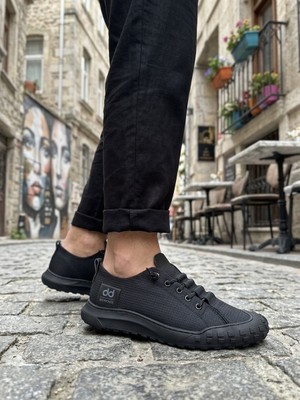 Pabucmarketi Siyah (Siyah Taban) Tekstil Lastik Bağcıklı Erkek Sneaker