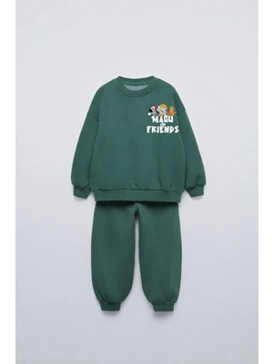 Çocuk Pamuklu Magu Friends Baskılı Yeşil Sweatshirt ve Eşofman Altı Takımı