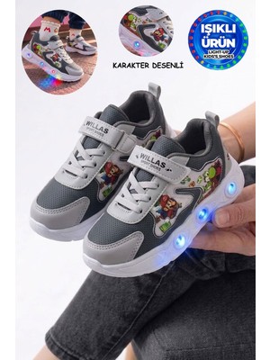 Albishoes Çocuk Spr Marıo Desen Işıklı Rahat Hafif Mevsimlik Cilt Okul Günlük Sneaker Spor Ayakkabı
