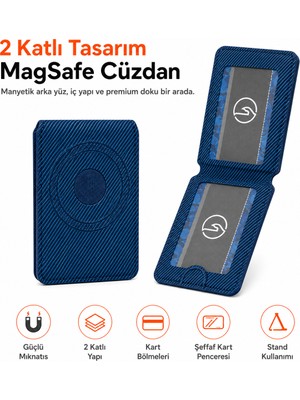 Ayers Erkek 2 Katlı Magsafe Manyetik Telefon Cüzdanı Standlı Kartlık, Şeffaf Kart Pencereli Ince Tasarım, iPhone 12 / 13 / 14 / 15 / 16 / 17 Serisi Uyumlu