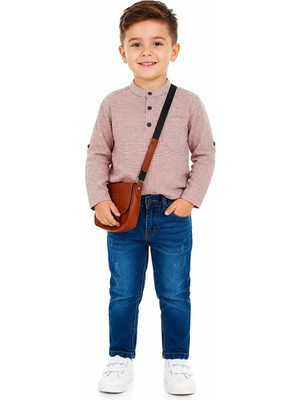 Güler Butik Erkek Çocuk Hakim Yaka Çizgili Gömlek Jean Pantolon Çantalı Takım Şık Kombin Günlük Özel Gün