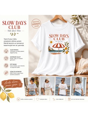 Tişört Kodu Slow Days Club Baskılı Kadın Oversize Beyaz Tişört