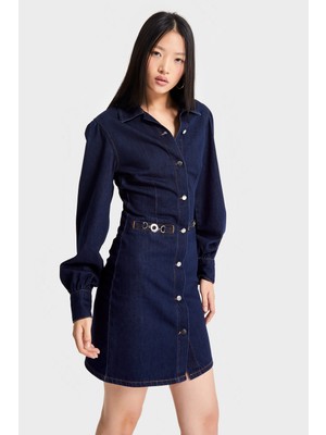 It's Basic Kadın Indigo Renk 7W5-50 Önü Düğmeli Kemer Detaylı 86CM Tasarım Denim Elbise